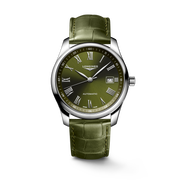 Quadrante verde con numeri romani applicati e lancette argentate lucide dell'orologio Longines Master Collection automatico